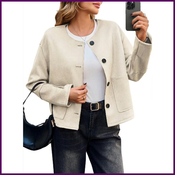 Faux Suede Cropped Bomber Jacket Collarless Button Front Women's Outerwear